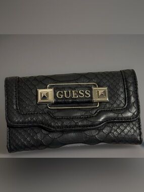 Guess Black Faux-Snakeskin Wallet with Gold Hardware